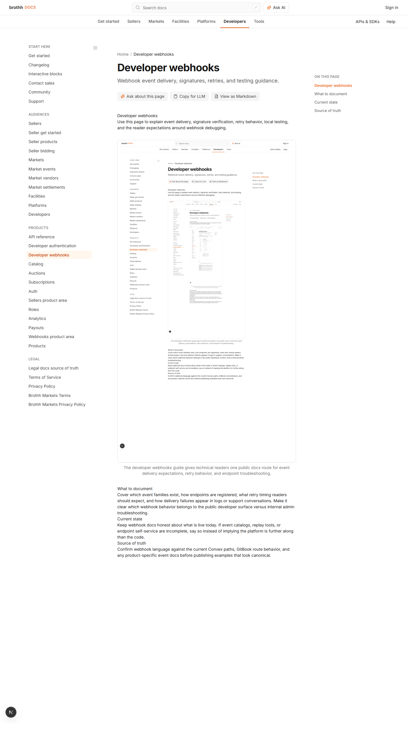 GitBook developer webhooks page