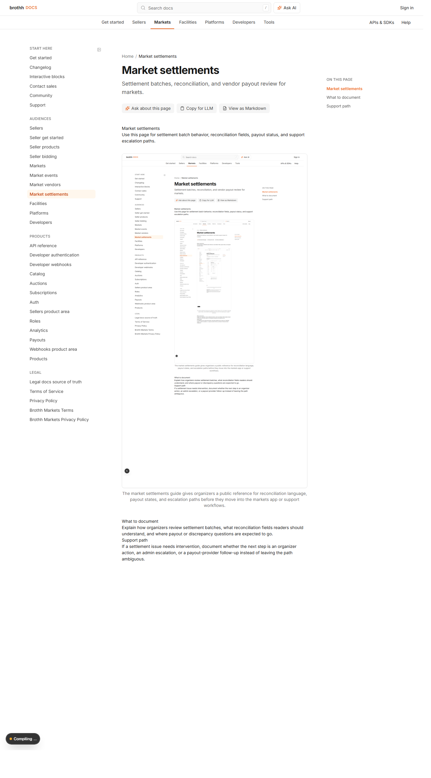 GitBook market settlements page