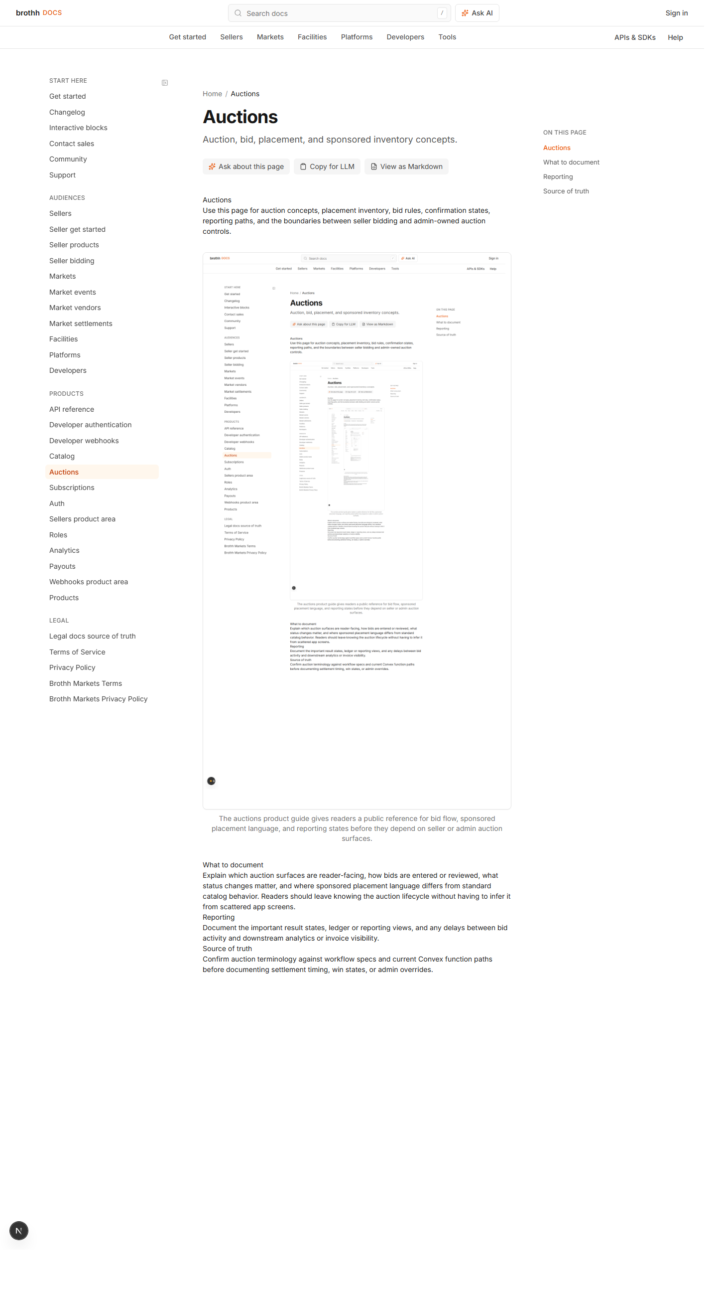 GitBook auctions product docs page