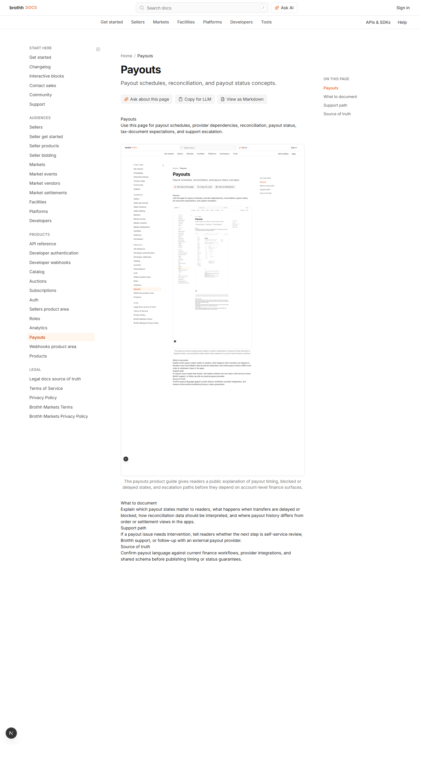 GitBook payouts product docs page